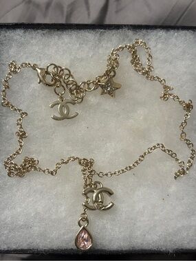 CC Gold-Tone Charm Necklace with Pink Teardrop Pendant